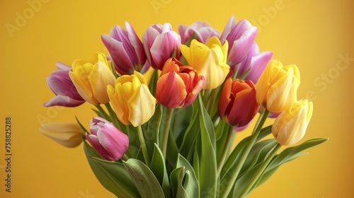 Bouquet of tulips flowers on yellow background
