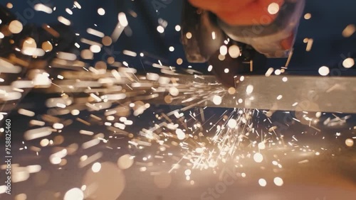 Man works circular saw. Sparks fly from hot metal. Man hard worked over the steel. Close-up slow motion shot in garage or workshop photo