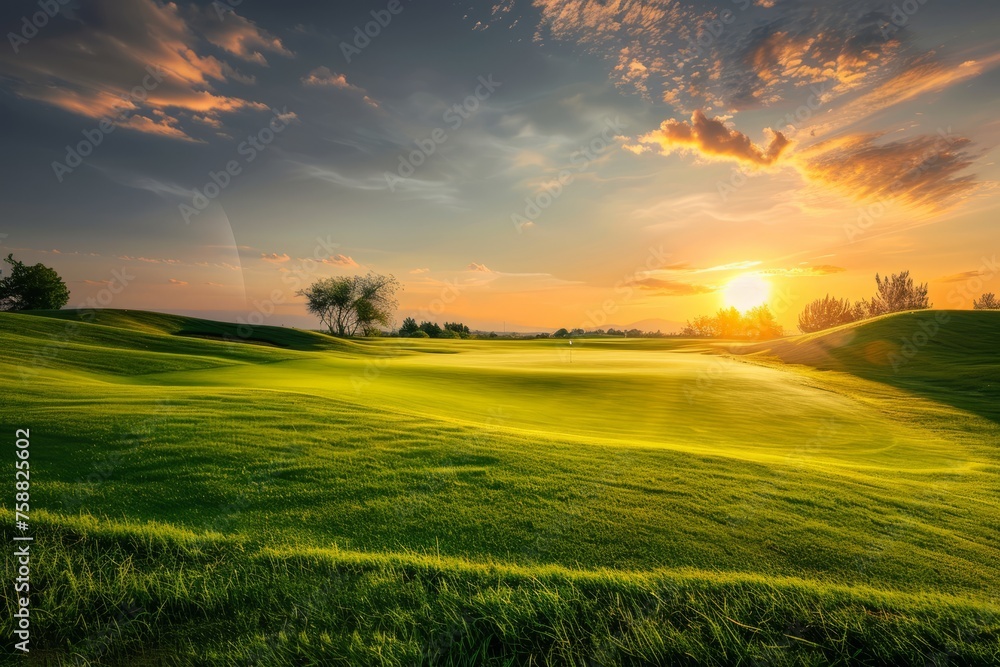 Obraz premium Beautiful golf course at sunset.