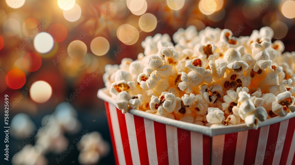 Close up image of a red and white striped popcorn cup with lots of popcorn in a movie theater Close up image of a red and white striped popcorn cup with lots of popcorn in a movie theater