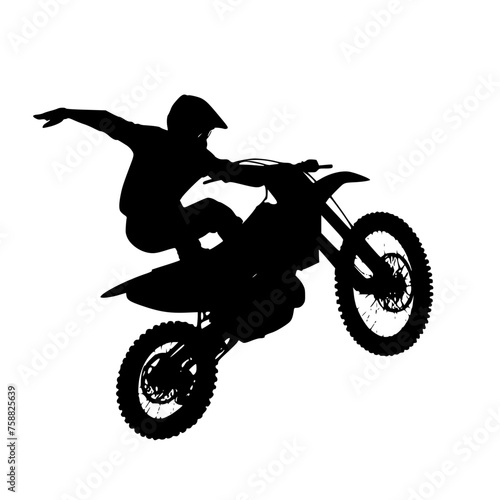 Fototapeta Naklejka Na Ścianę i Meble -  Black silhouette of a man doing a stunt on a dirt bike. Vector illustration of a man jumping on a motocross.