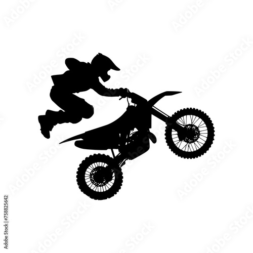 Black silhouette of a man doing a stunt on a dirt bike. Vector illustration of a man jumping on a motocross.