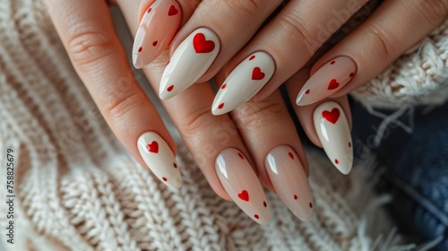 Closeup to woman hands with elegant Valentines day inspired neutral colors with red hearts manicure on long almond shaped nails