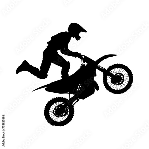 Black silhouette of a man doing a stunt on a dirt bike. Vector illustration of a man jumping on a motocross.