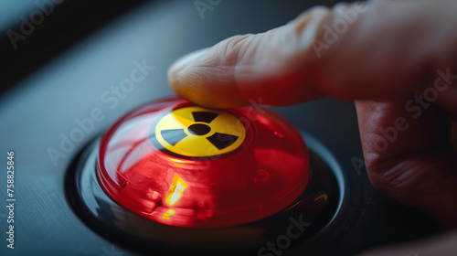 Person Touching Red Button With Radioactive Symbol