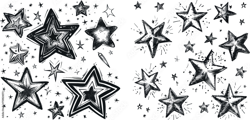 Doodle stars sketch, drawing ink starburst and shiny stars. Starry doodles illustration icons set Doodle stars sketch, drawing ink starburst and shiny stars. Starry doodles illustration icons set