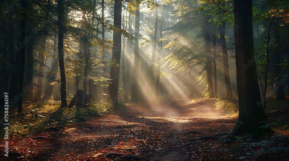 An atmospheric forest scene with dappled sunlight filtering through the trees, illuminating a path lined with fallen leaves