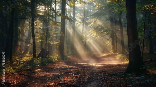 An atmospheric forest scene with dappled sunlight filtering through the trees  illuminating a path lined with fallen leaves