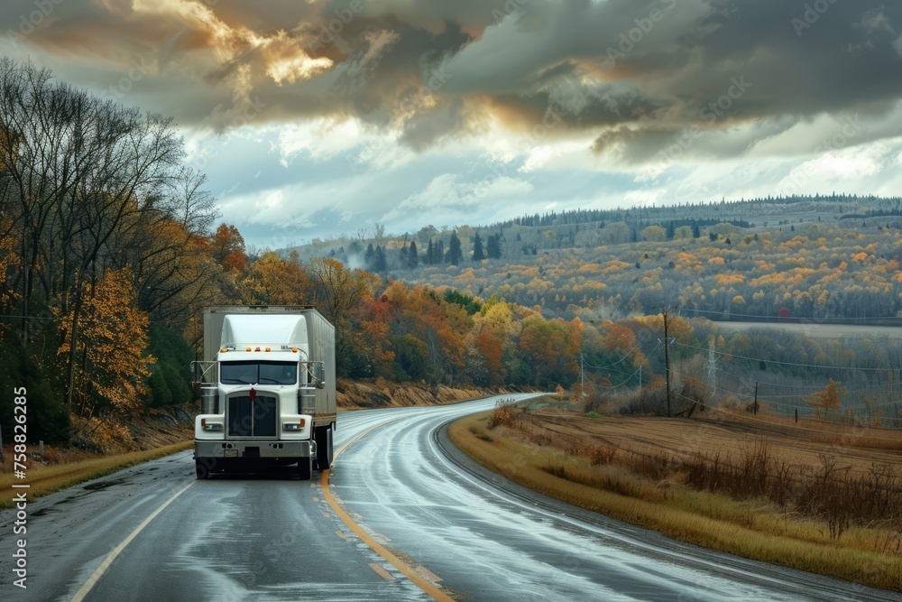 A cargo truck drives along the wet road against the backdrop of an autumn forest.