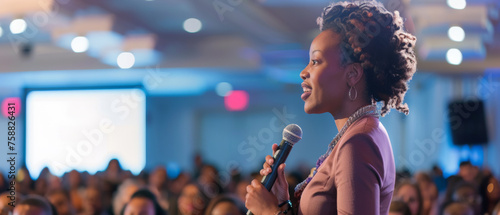 Confident woman giving a speech at a conference with attentive audience in background. photo