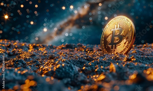 Golden Bitcoin Close-Up, Gleaming Against a Starlit Sky with Lunar Ambition