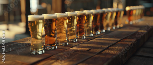 A line of various beer glasses casting shadows in the golden hour sunset.