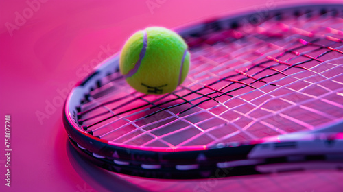 A close-up of a tennis racket and ball, artistically arranged against a magenta backdrop, the precision highlighted in © Abdul