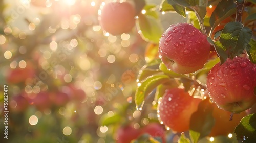 Dew-kissed apples glisten in the morning light, a symphony of nature's bounty against the backdrop of an orchard awakening to a new