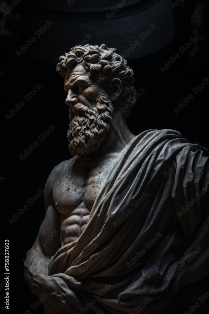 Mysterious ancient greek, roman male stoic statue, sculpture in dramatic lighting, shadows highlighting the impressive muscular build and classical beauty. 