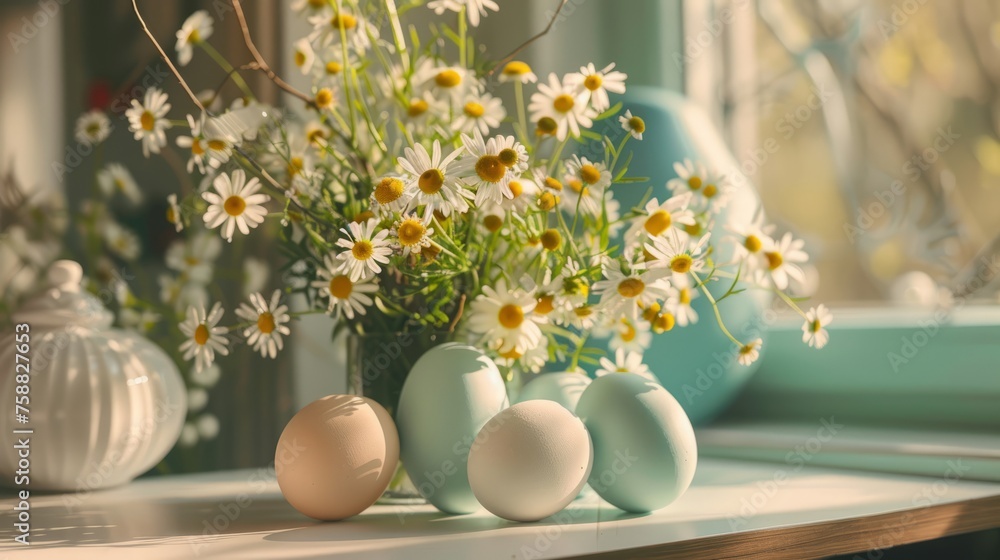 Easter zero waste, eco friendly decoration, eggs and flowers. Christian religious Easter holida