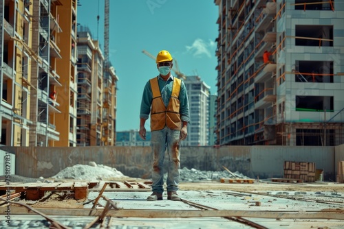 Engineer technician wearing hardhat and medical mask at the construction site.