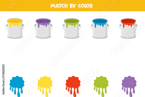 Color matching game for preschool kids. Match paint cans and blobs of paint by colors.