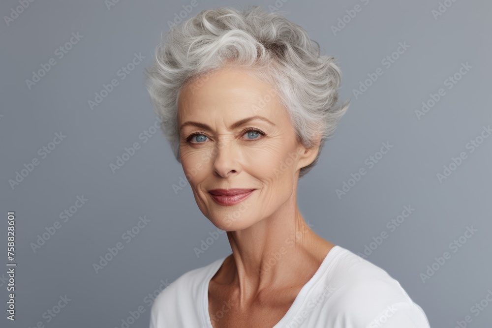 Mature woman. Portrait of beautiful mature woman looking at camera and smiling while standing against grey background