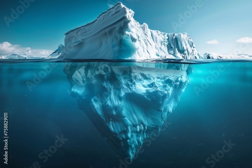 Iceberg in ocean with above and underwater view. Central composition