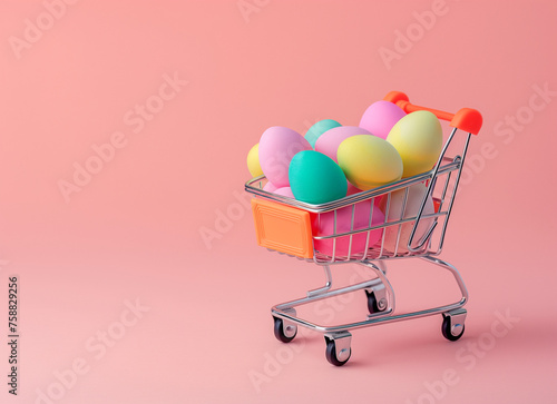 easter eggs in a trolley.Minimal creative Easter food and shopping sale concept