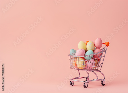 easter eggs in a trolley.Minimal creative Easter food and shopping sale concept