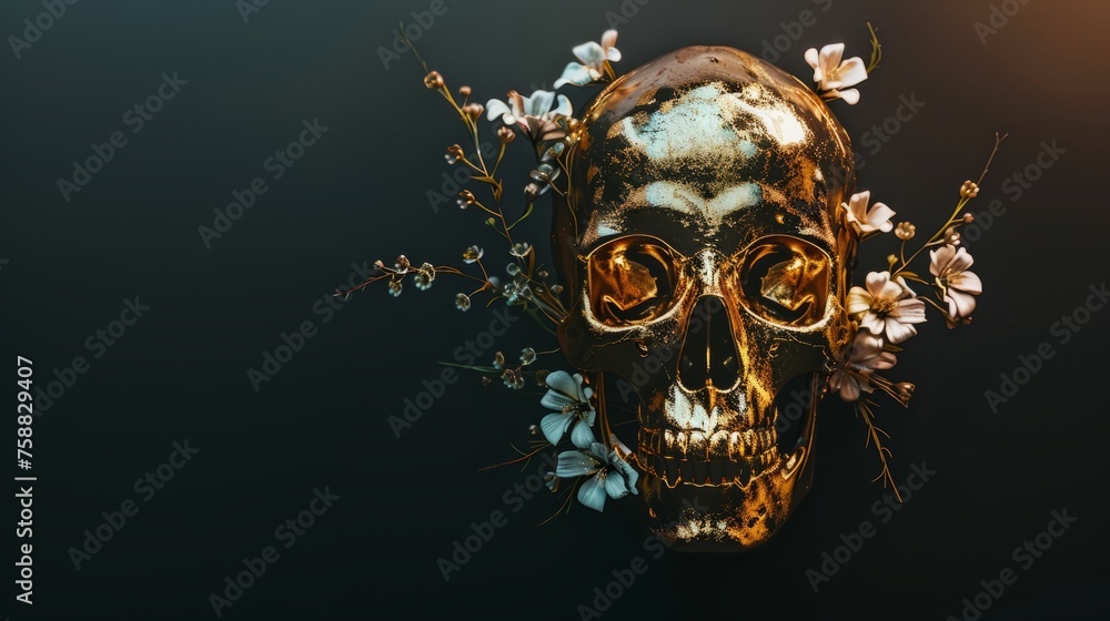 Golden skull with flowers on black background Golden skull with flowers on black background