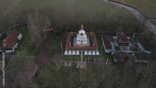 Aerial view of Tibetan temple (Stupa) in countryside, Hantum, Friesland, Netherlands photo