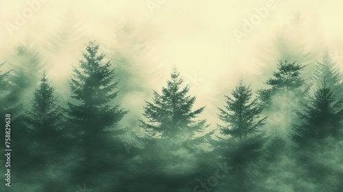 Vintage misty mountain landscape with fir forest in dark green and light gray fog retro style