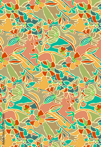 Antique surface floral seamless allover Pattern design, multicolor flowers with multicolor watercolor background texture.