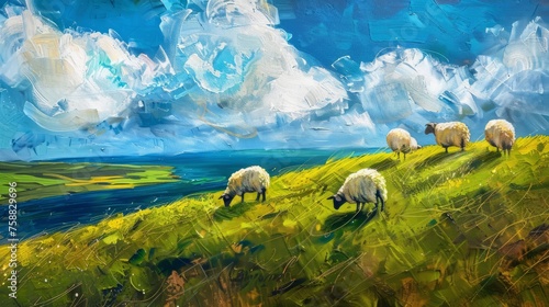 Grazing sheep on an Irish hill. Ireland landscape panorama. Travel wall art, stylized oil painting, impasto