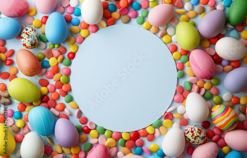 Creative layout made with colorful Easter eggs. Minimal Easter background. Spring holidays concept. photo