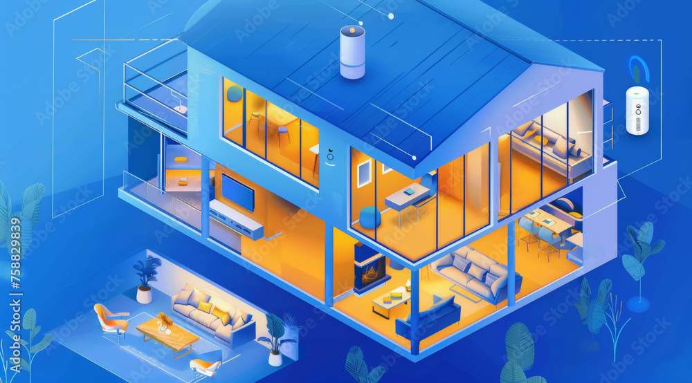 Isometric cutaway view of a two-story smart home with modern design and technology,ai generated