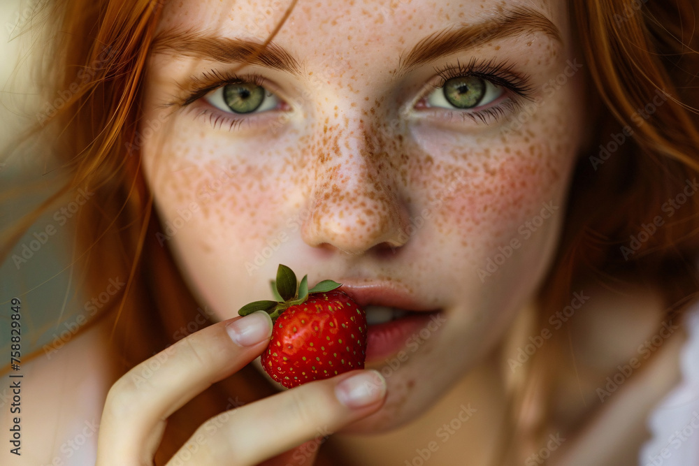 Beautiful young woman with freckles eating strawberry fruit Beautiful young woman with freckles eating strawberry fruit