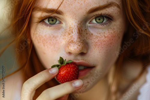 Beautiful young woman with freckles eating strawberry fruit
