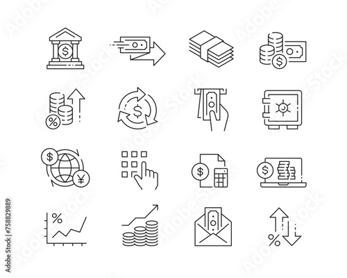 Banking and Finance Icon collection containing 16 editable stroke icons. Perfect for logos, stats and infographics. Edit the thickness of the line in Adobe Illustrator (or any vector capable app).