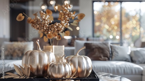 Modern interrior decoration with decorative pumpkins for autumn, thanksgiving, fall, halloween photo