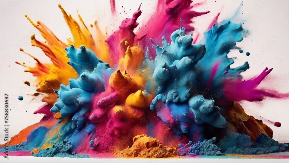 Colorful powder explosion in the vibrant multicolored spectrum of Holi colors on a white background for holi day created with generative ai