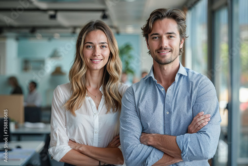 A man and a woman are posing for a picture in a room with a blue wall. The man is wearing a blue shirt and the woman is wearing a white shirt. They are both smiling and looking at the camera