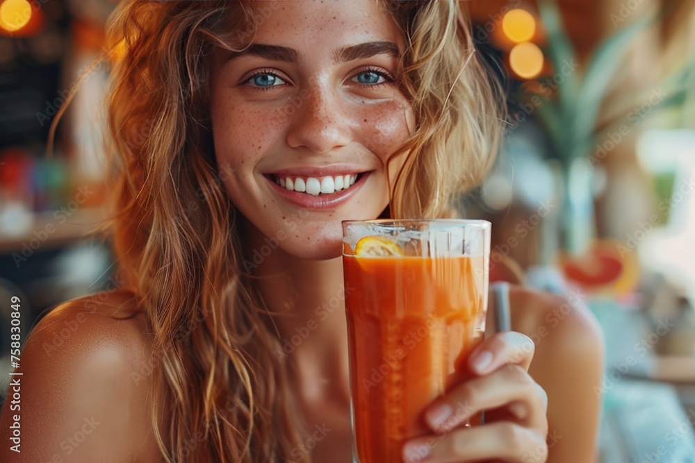 Close up shot of a woman drinking orange juice
Close up shot of a woman drinking orange juice