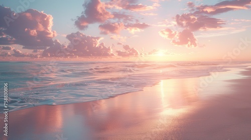 Serene beach landscape at sunset, with a soft pink sky and gentle waves