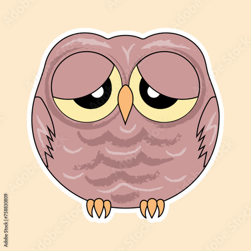 
Sticker with a picture of a tired round cartoon owl, on a yellow background