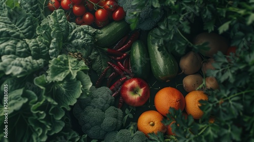 Overhead shot of fruits and vegetables. World vegan day concept