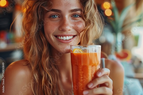 Close up shot of a woman drinking orange juice 
