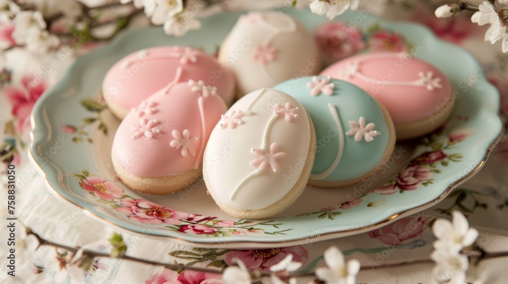 Obraz premium Pastel-colored iced cookies in egg shapes on a floral plate, adorned with spring blossoms