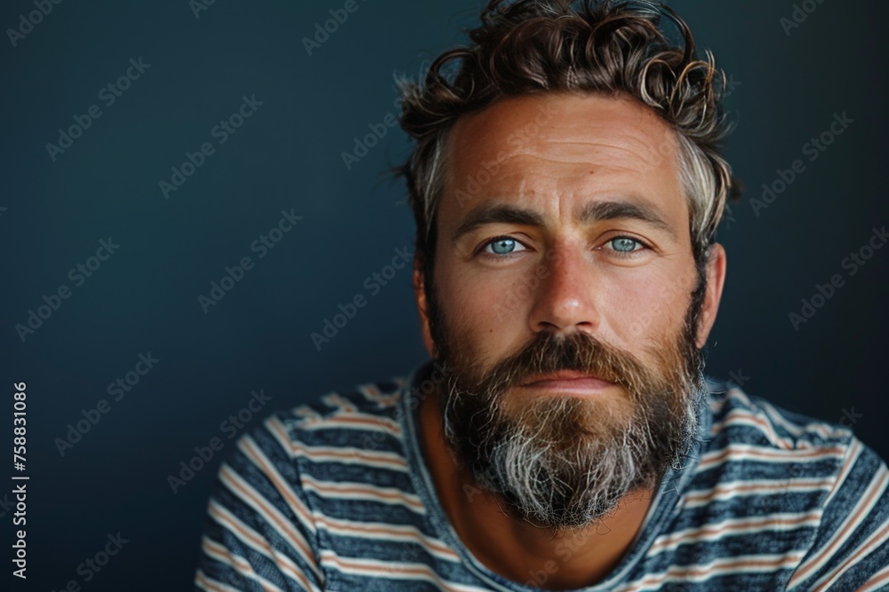 Fototapeta premium Portrait of a smiling bearded man with blue eyes over a blue wall
