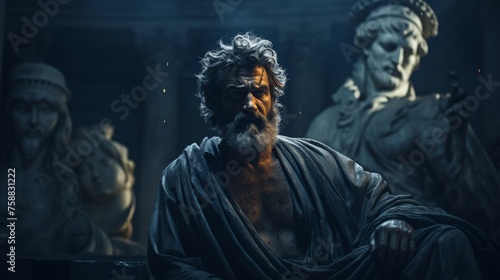 Mysterious ancient greek, roman male stoic statue, sculpture in dramatic lighting, shadows highlighting the impressive muscular build and classical beauty. 