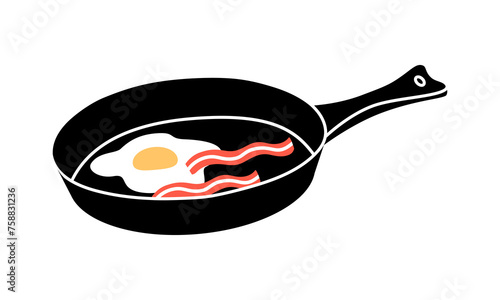 Hand drawn cute cartoon illustration of camping pan with scrambled egg and bacon. Flat vector outdoor cooking on fire sticker in doodle style. Tourism frying food icon. Adventure breakfast. Isolated.