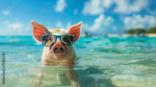 Pig in sunglasses swimming in the sea. Summer relaxation. The concept of summer tourism © vannet