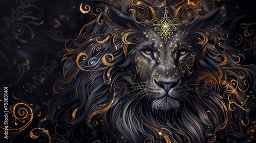 Portrait of ornate lion, mystery art, dark background, wicca symbol